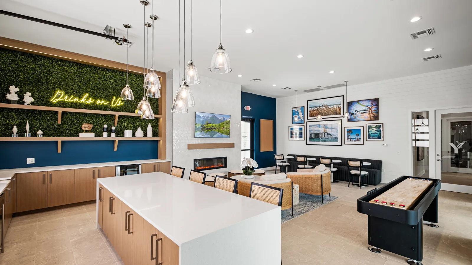 Community clubhouse at Yardly Artisan Lakes in Palmetto, FL. This beautiful community has pet-friendly 1- & 2-bedroom homes with backyards for rent, and also features a pool, onsite gym dog park and pickle ball court.